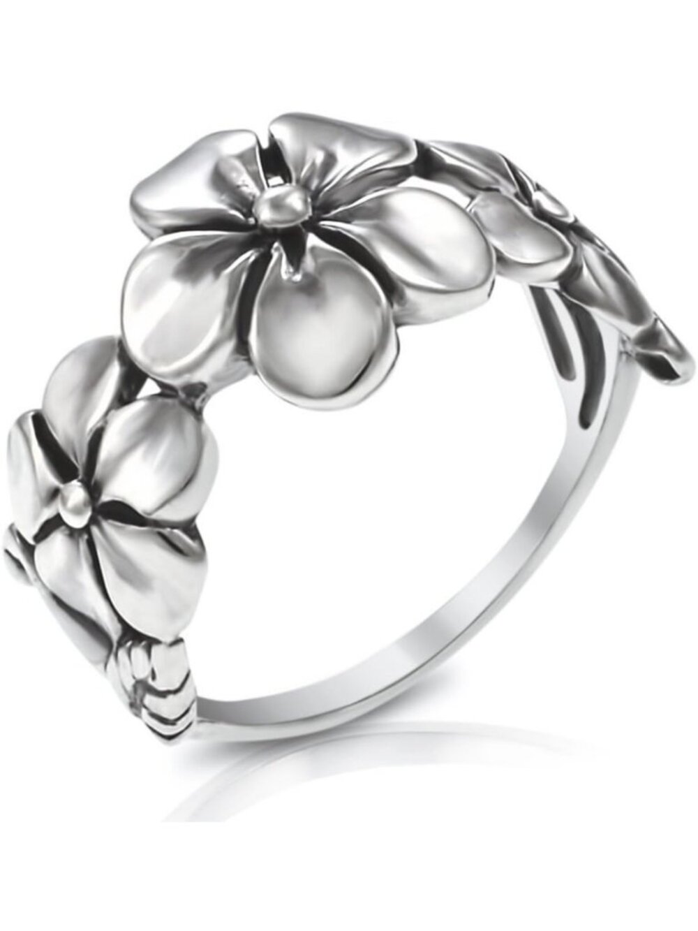 Sterling Silver 925 Triple Plumeria Flower Ring - Elegant Floral Design, Size